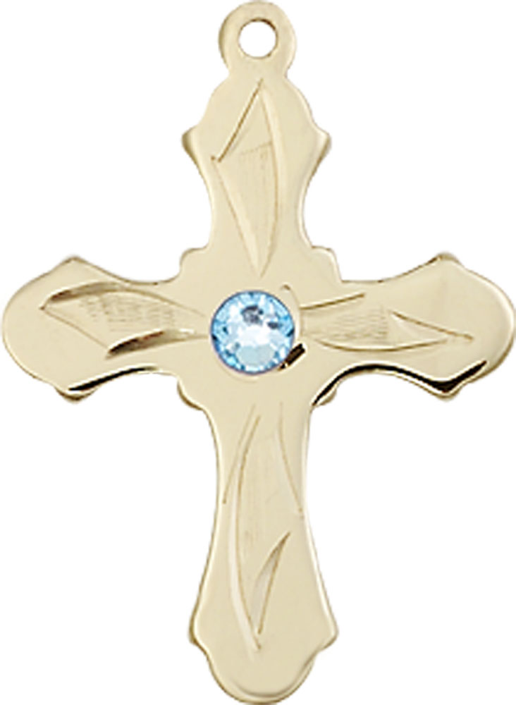 14kt Gold Filled Cross Medal with a 3mm Aqua Swarovski stone