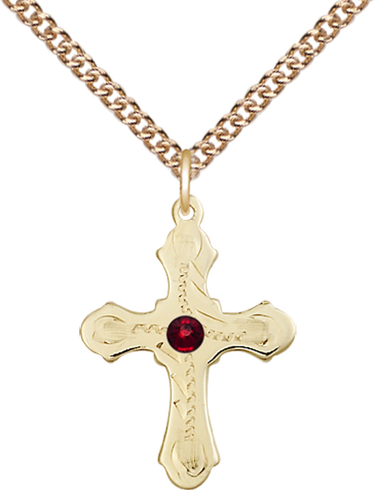 14kt Gold Filled Cross Pendant with a 3mm Garnet Swarovski stone on a 24 inch Gold Filled Heavy Curb chain