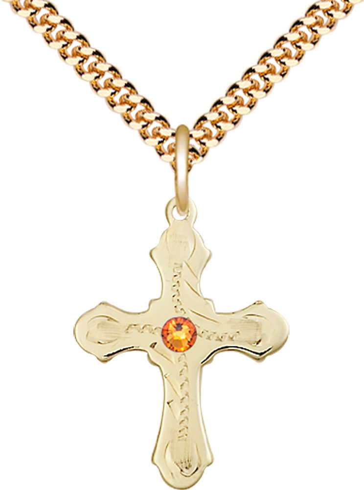 14kt Gold Filled Cross Pendant with a 3mm Topaz Swarovski stone on a 24 inch Gold Plate Heavy Curb chain