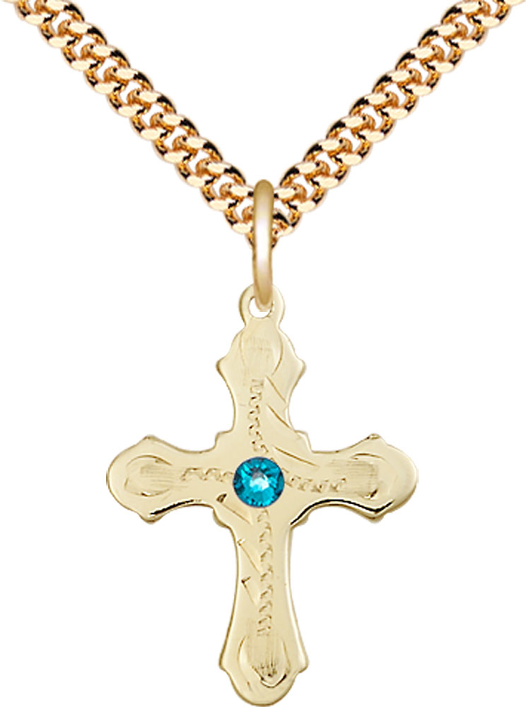 14kt Gold Filled Cross Pendant with a 3mm Zircon Swarovski stone on a 24 inch Gold Plate Heavy Curb chain
