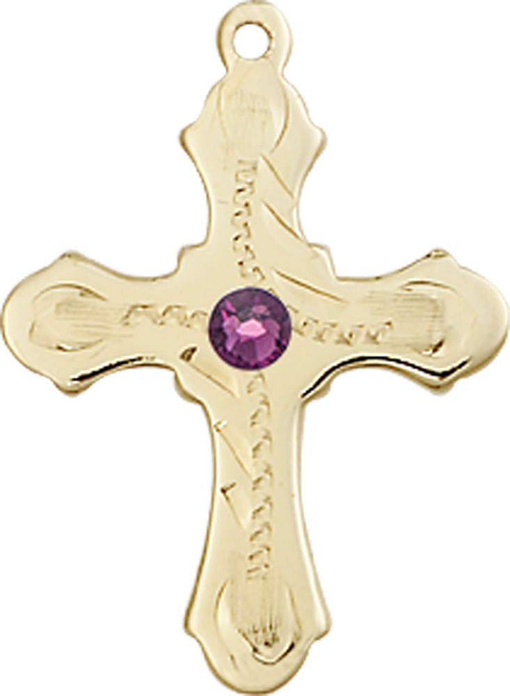 14kt Gold Filled Cross Medal with a 3mm Amethyst Swarovski stone