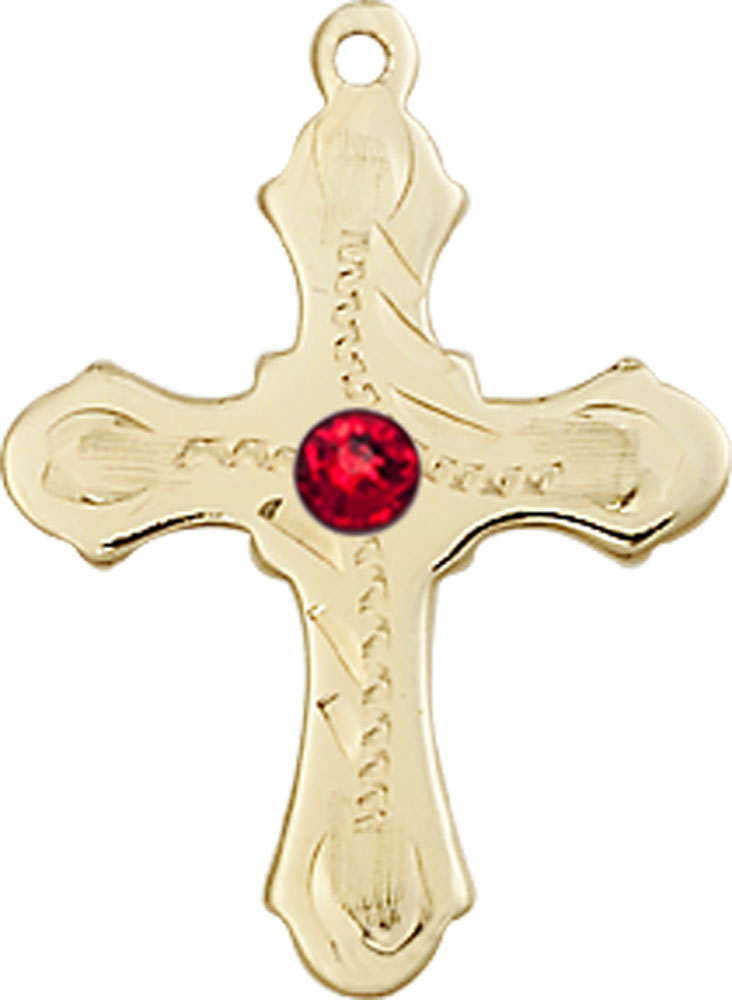 14kt Gold Filled Cross Medal with a 3mm Ruby Swarovski stone