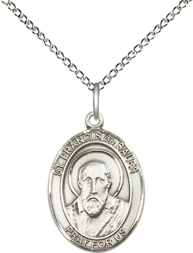 Sterling Silver Saint Francis de Sales Pendant on a 18 inch Sterling Silver Light Curb chain