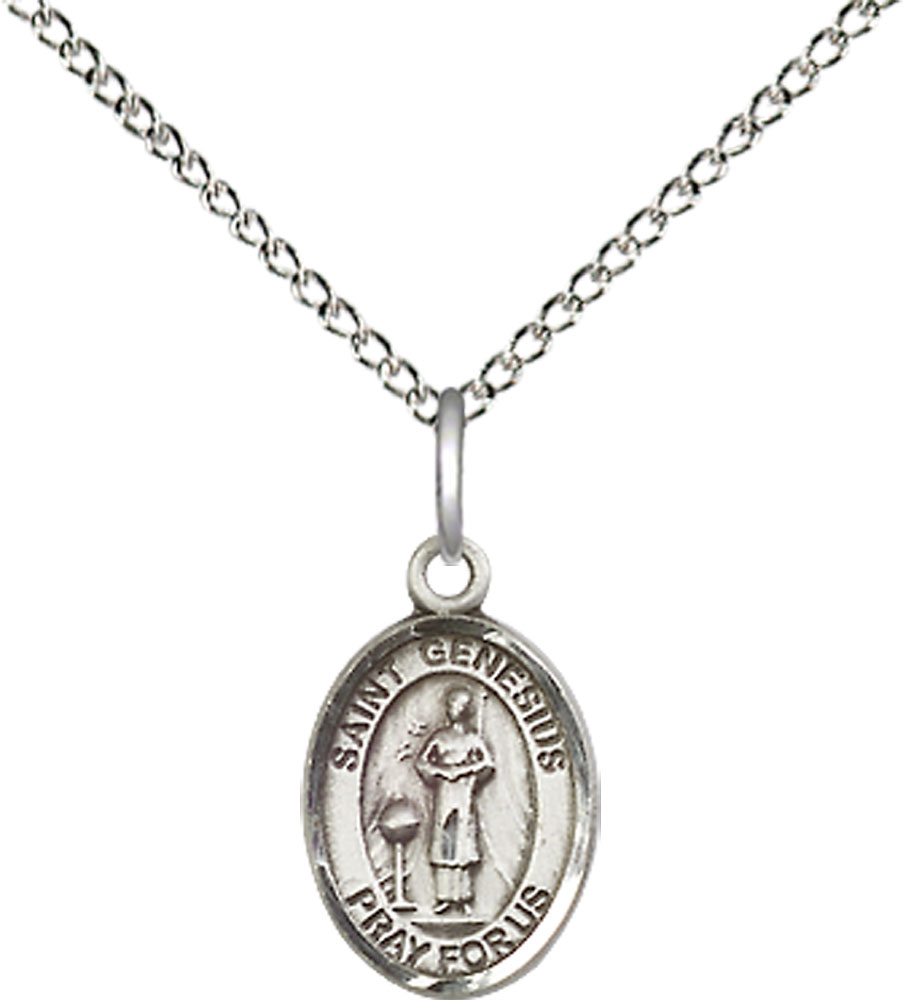 Sterling Silver Saint Genesius of Rome Pendant on a 18 inch Sterling Silver Light Curb chain