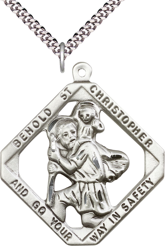 Sterling Silver Saint Christopher Pendant on a 24 inch Light Rhodium Heavy Curb chain