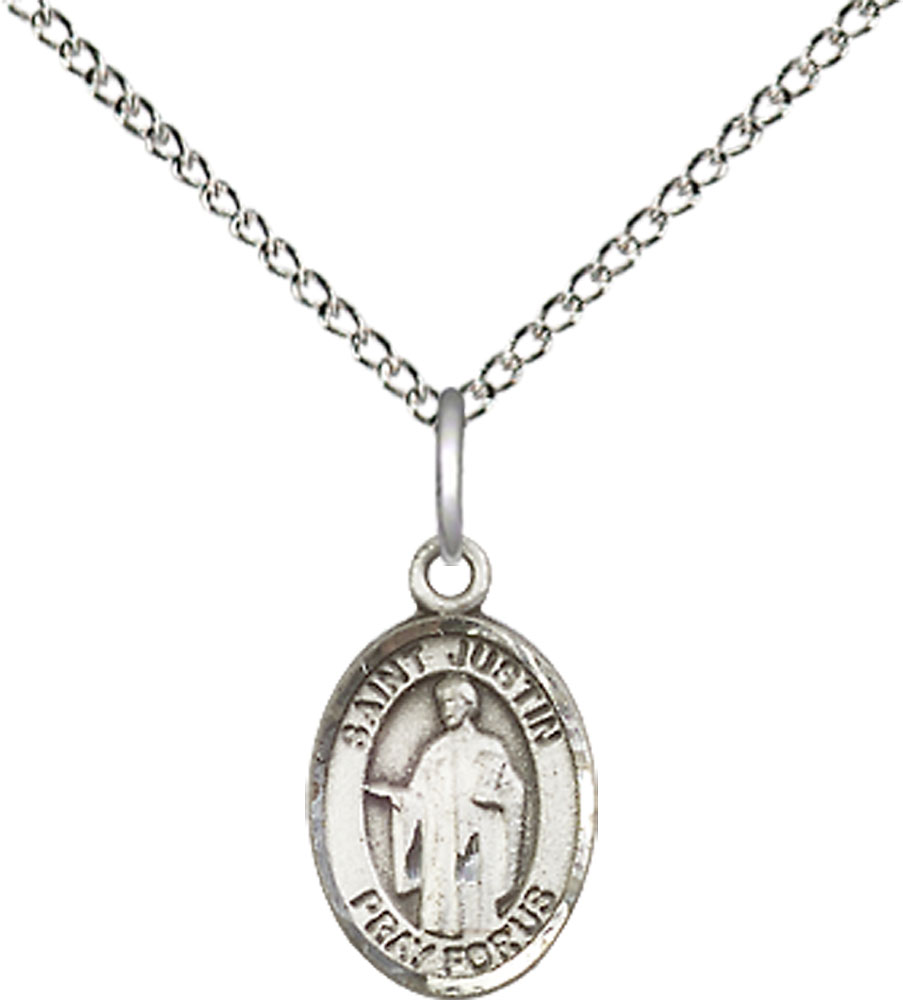 Sterling Silver Saint Justin Pendant on a 18 inch Sterling Silver Light Curb chain