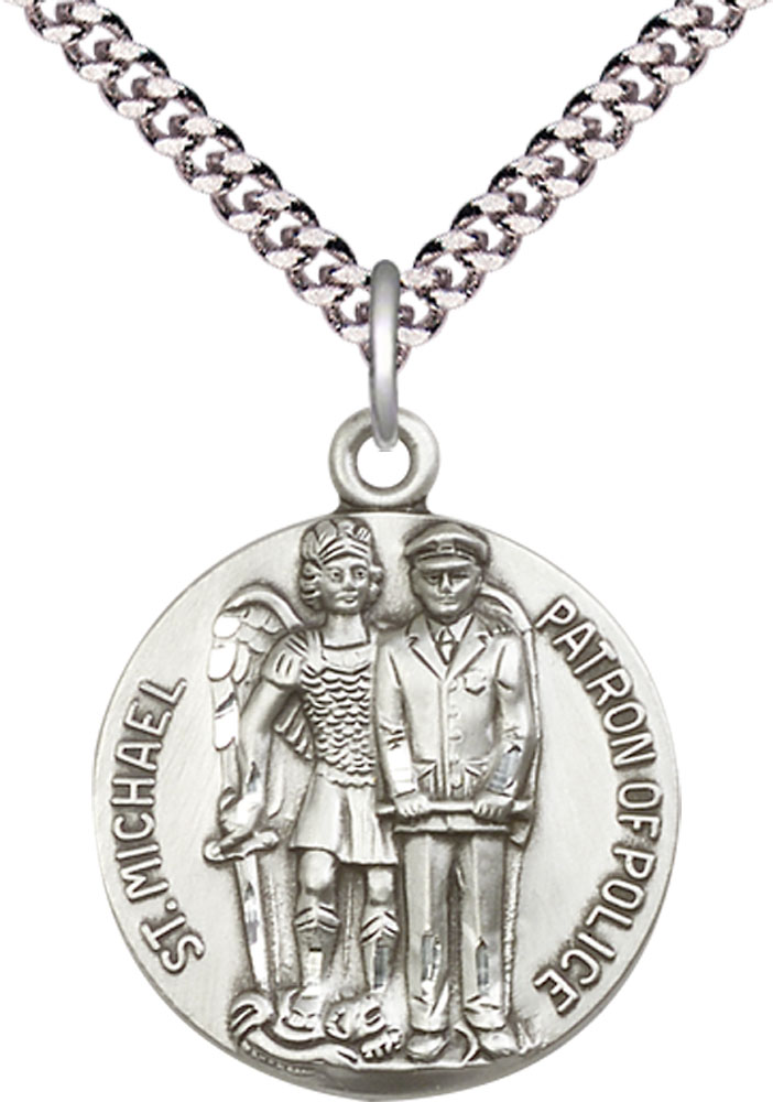 Sterling Silver Saint Michael the Archangel Pendant on a 24 inch Light Rhodium Heavy Curb chain