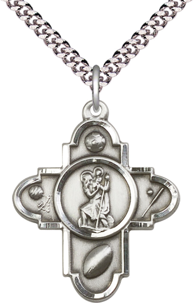 Sterling Silver Sports 5-Way St Christopher Pendant on a 24 inch Light Rhodium Heavy Curb chain