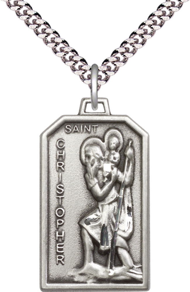 Sterling Silver Saint Christopher Pendant on a 24 inch Light Rhodium Heavy Curb chain