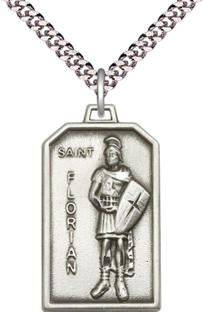 Sterling Silver Saint Florian Pendant on a 24 inch Light Rhodium Heavy Curb chain