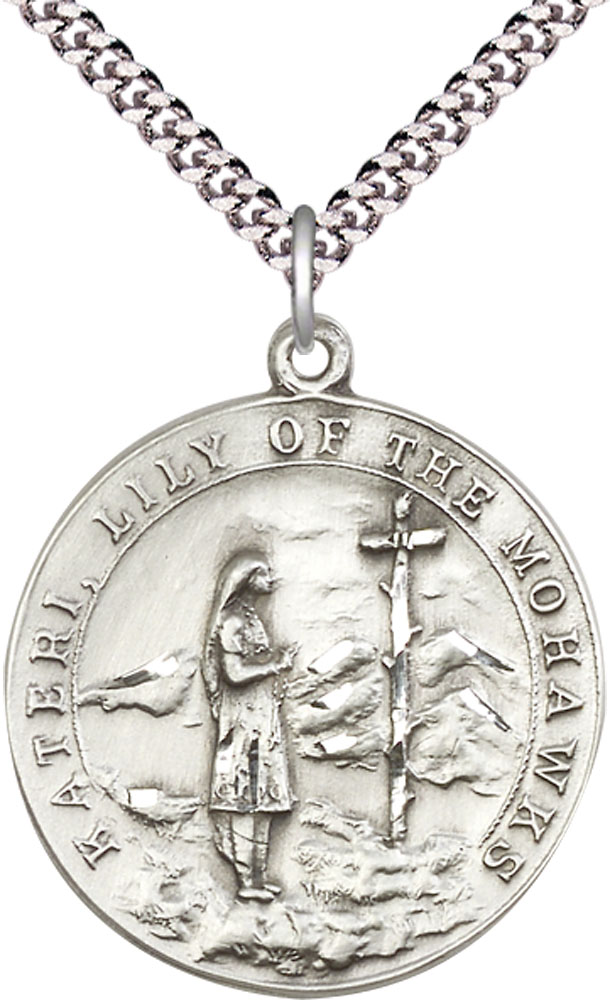Sterling Silver Saint Kateri Pendant on a 24 inch Light Rhodium Heavy Curb chain