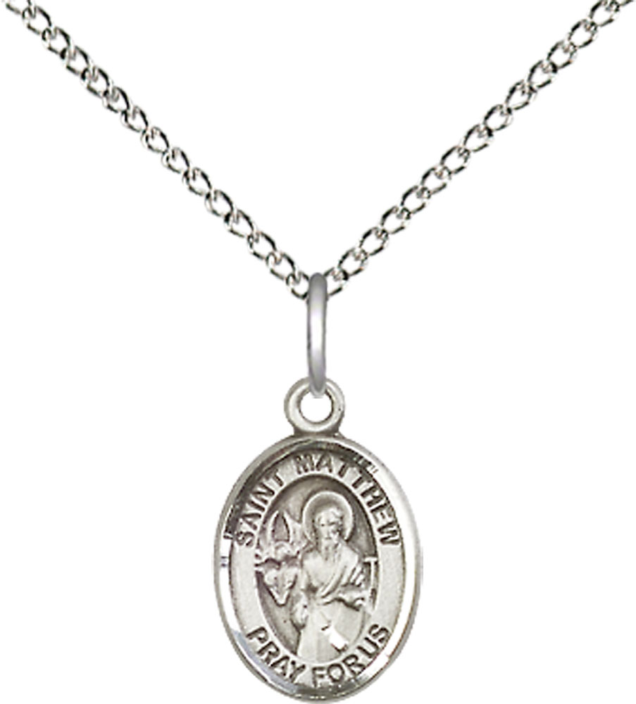 Sterling Silver Saint Matthew the Apostle Pendant on a 18 inch Sterling Silver Light Curb chain