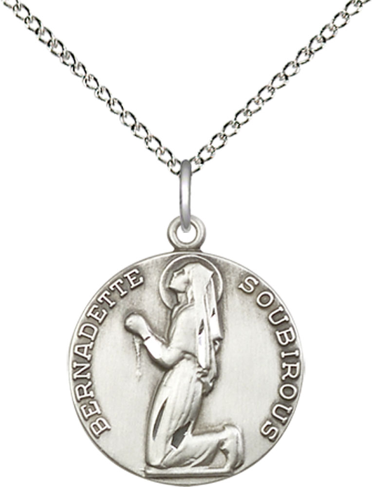 Sterling Silver Saint Bernadette Pendant on a 18 inch Sterling Silver Light Curb chain