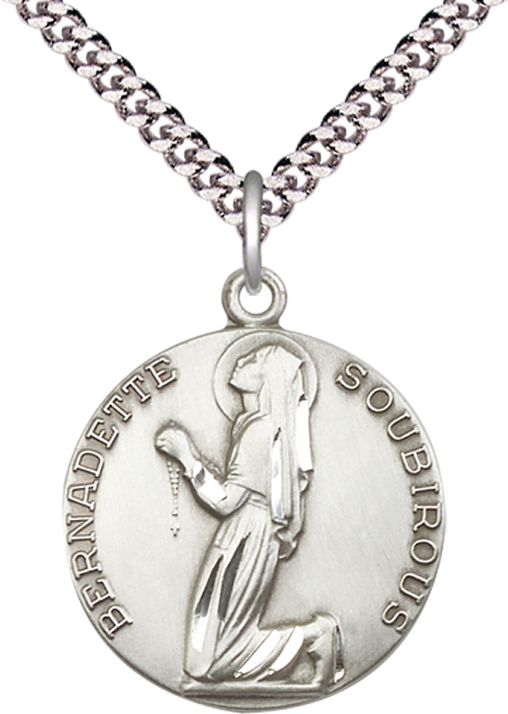 Sterling Silver Saint Bernadette Pendant on a 24 inch Light Rhodium Heavy Curb chain
