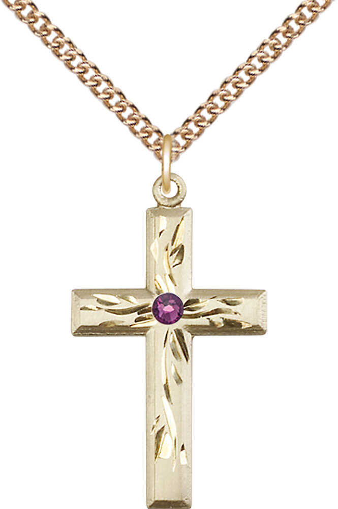 14kt Gold Filled Cross Pendant with a 3mm Amethyst Swarovski stone on a 24 inch Gold Filled Heavy Curb chain