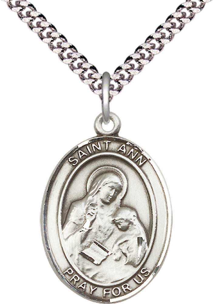 Sterling Silver Saint Ann Pendant on a 24 inch Light Rhodium Heavy Curb chain