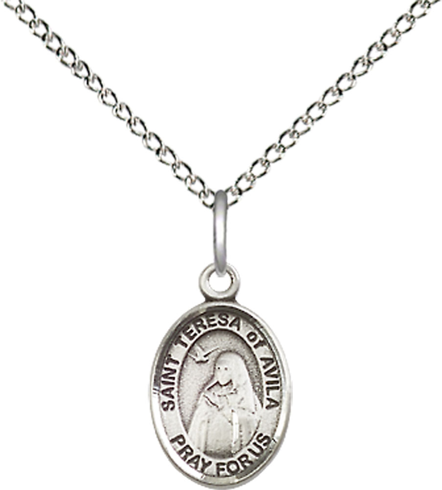 Sterling Silver Saint Teresa of Avila Pendant on a 18 inch Sterling Silver Light Curb chain