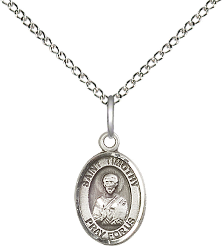 Sterling Silver Saint Timothy Pendant on a 18 inch Sterling Silver Light Curb chain