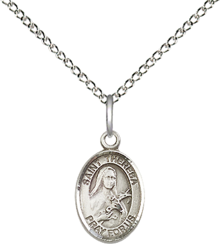 Sterling Silver Saint Theresa Pendant on a 18 inch Sterling Silver Light Curb chain