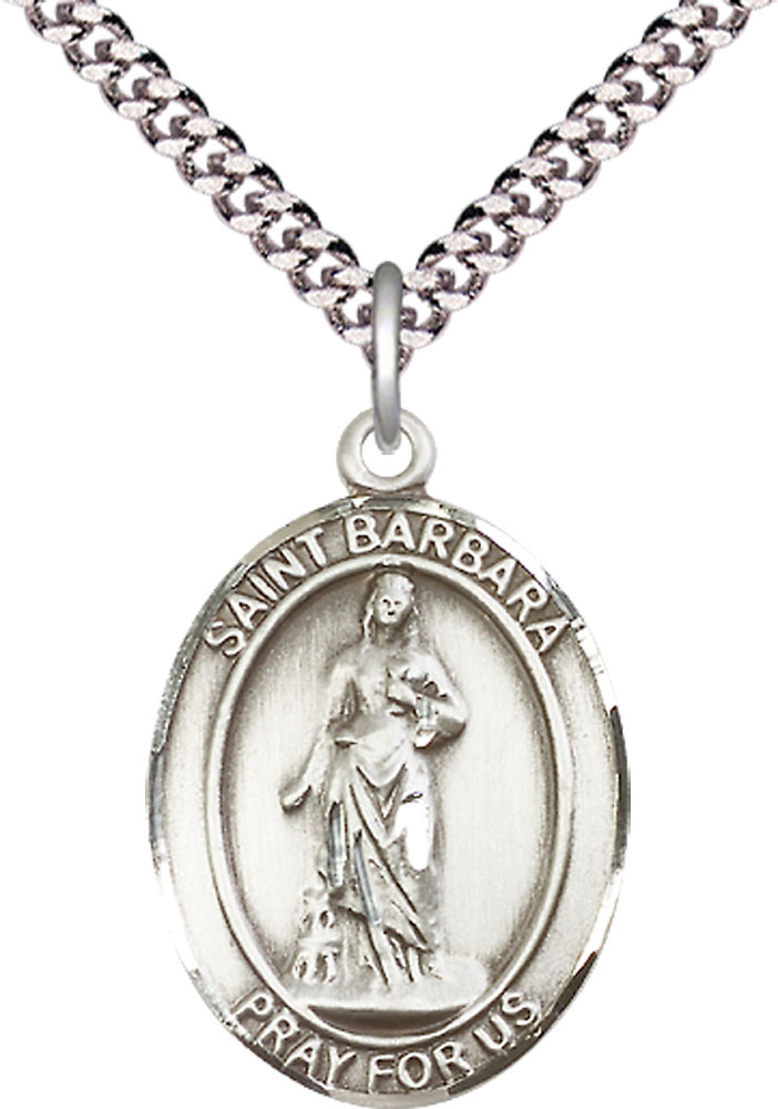 Sterling Silver Saint Barbara Pendant on a 24 inch Light Rhodium Heavy Curb chain