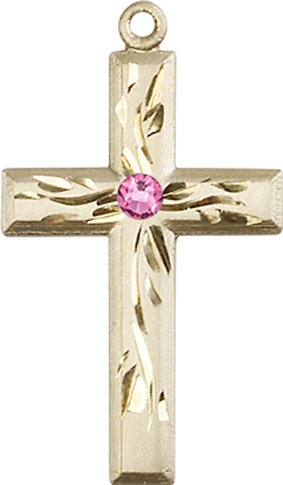 14kt Gold Cross Medal with a 3mm Rose Swarovski stone