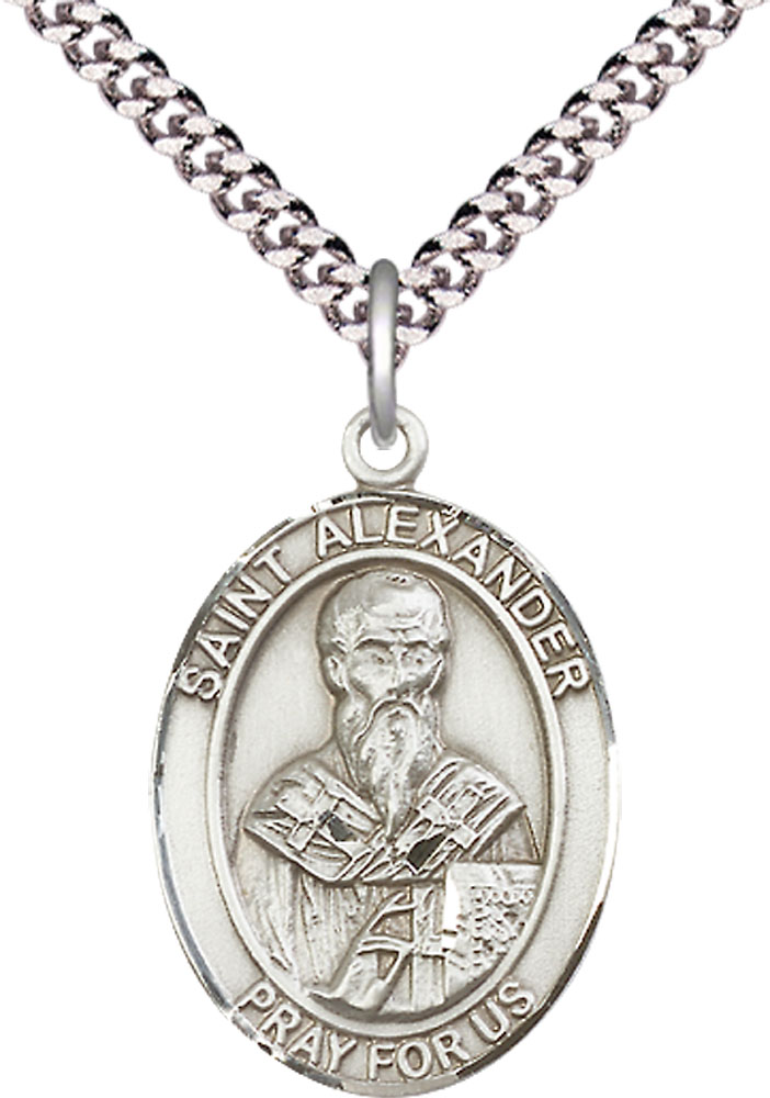 Sterling Silver Saint Alexander Sauli Pendant on a 24 inch Light Rhodium Heavy Curb chain