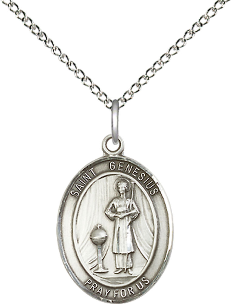 Sterling Silver Saint Genesius of Rome Pendant on a 18 inch Sterling Silver Light Curb chain