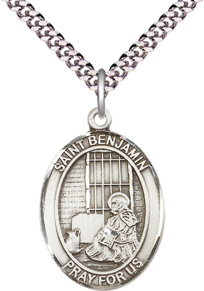 Sterling Silver Saint Benjamin Pendant on a 24 inch Light Rhodium Heavy Curb chain