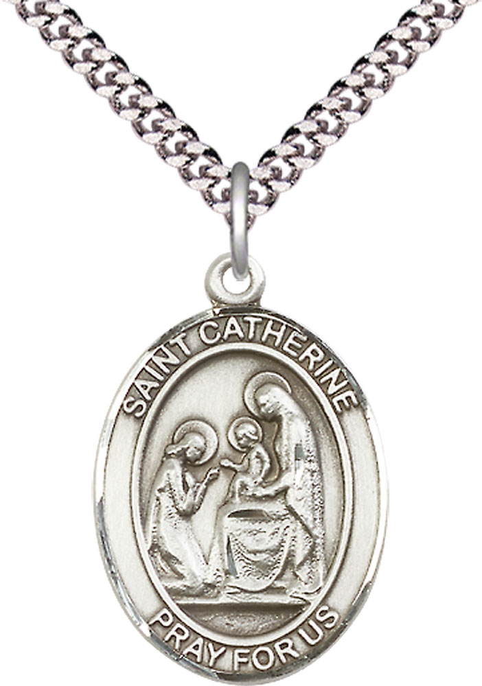 Sterling Silver Saint Catherine of Siena Pendant on a 24 inch Light Rhodium Heavy Curb chain