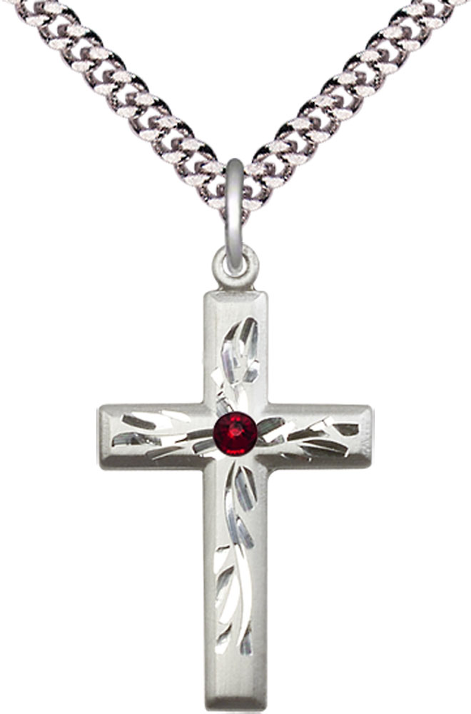 Sterling Silver Cross Pendant with a 3mm Garnet Swarovski stone on a 24 inch Light Rhodium Heavy Curb chain