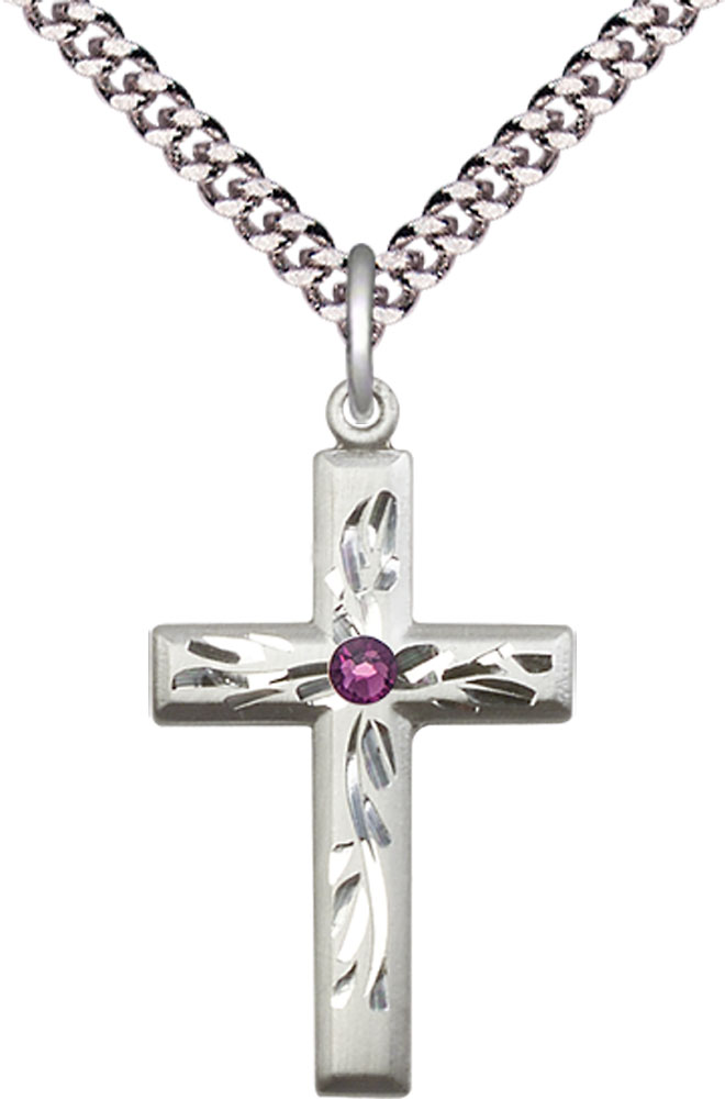 Sterling Silver Cross Pendant with a 3mm Amethyst Swarovski stone on a 24 inch Light Rhodium Heavy Curb chain