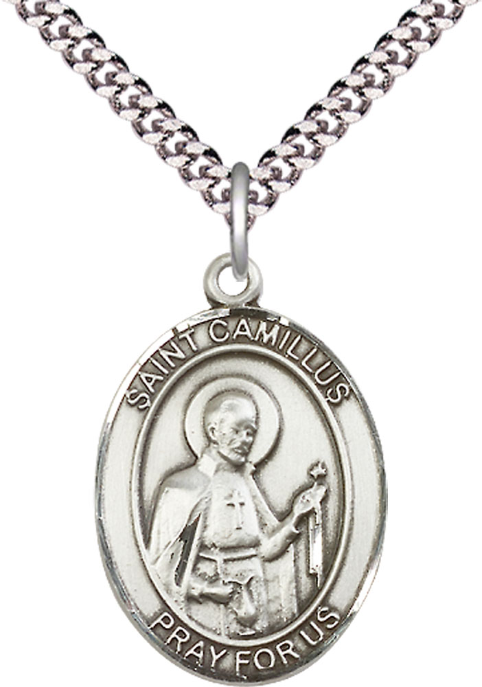 Sterling Silver Saint Camillus of Lellis Pendant on a 24 inch Light Rhodium Heavy Curb chain