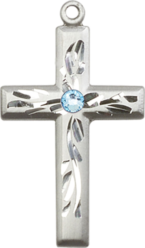 Sterling Silver Cross Medal with a 3mm Aqua Swarovski stone