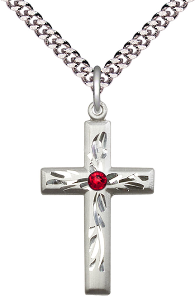 Sterling Silver Cross Pendant with a 3mm Ruby Swarovski stone on a 24 inch Light Rhodium Heavy Curb chain