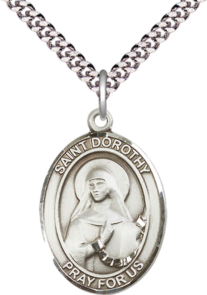 Sterling Silver Saint Dorothy Pendant on a 24 inch Light Rhodium Heavy Curb chain