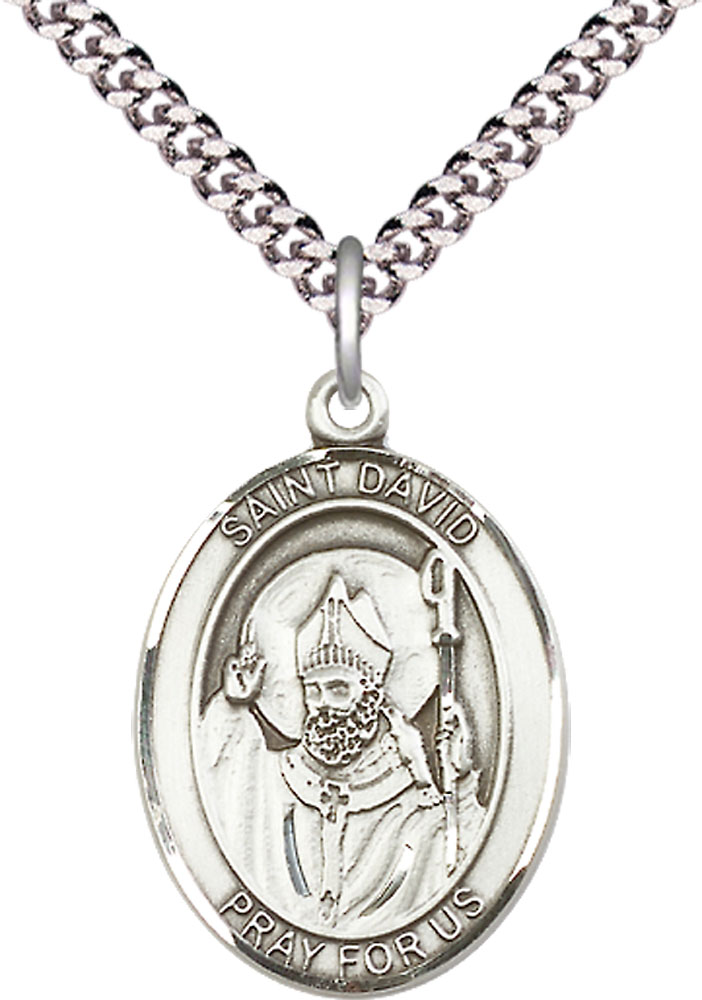 Sterling Silver Saint David of Wales Pendant on a 24 inch Light Rhodium Heavy Curb chain