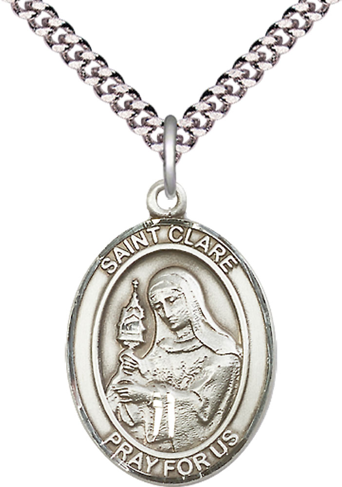 Sterling Silver Saint Clare of Assisi Pendant on a 24 inch Light Rhodium Heavy Curb chain