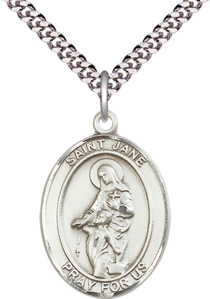 Sterling Silver Saint Jane of Valois Pendant on a 24 inch Light Rhodium Heavy Curb chain