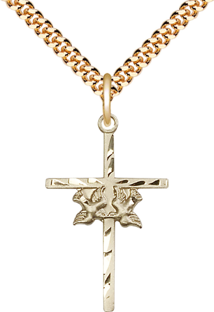 14kt Gold Filled Doves Cross Pendant on a 24 inch Gold Plate Heavy Curb chain