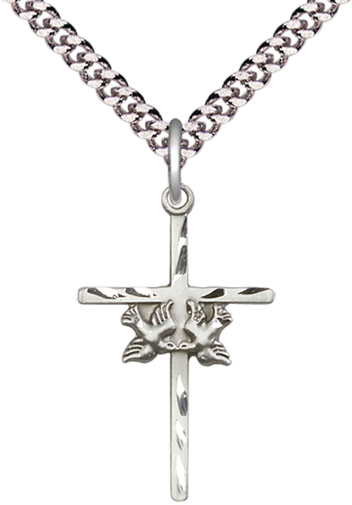 Sterling Silver Doves Cross Pendant on a 24 inch Light Rhodium Heavy Curb chain