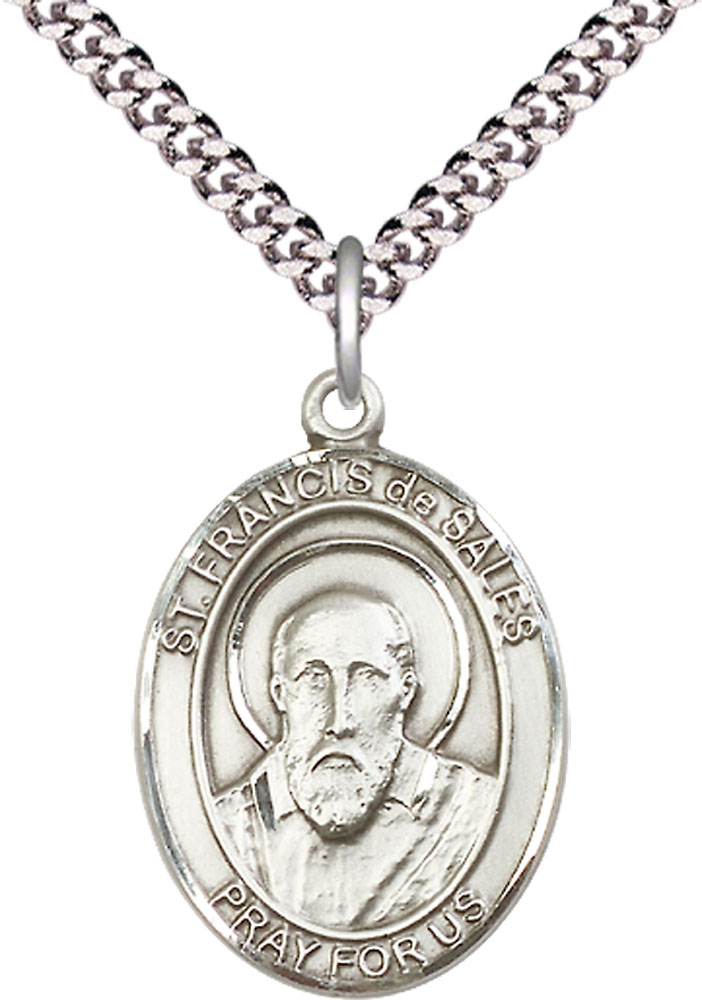Sterling Silver Saint Francis de Sales Pendant on a 24 inch Light Rhodium Heavy Curb chain