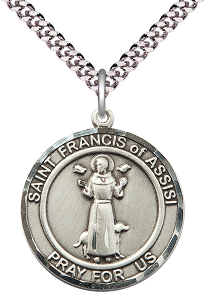 Sterling Silver Saint Francis of Assisi Pendant on a 24 inch Light Rhodium Heavy Curb chain
