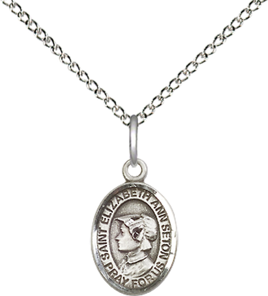 Sterling Silver Saint Elizabeth Ann Seton Pendant on a 18 inch Sterling Silver Light Curb chain