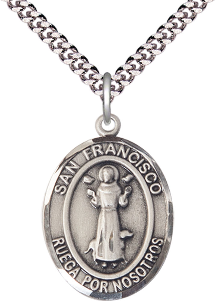 Sterling Silver San Francis Pendant on a 24 inch Light Rhodium Heavy Curb chain