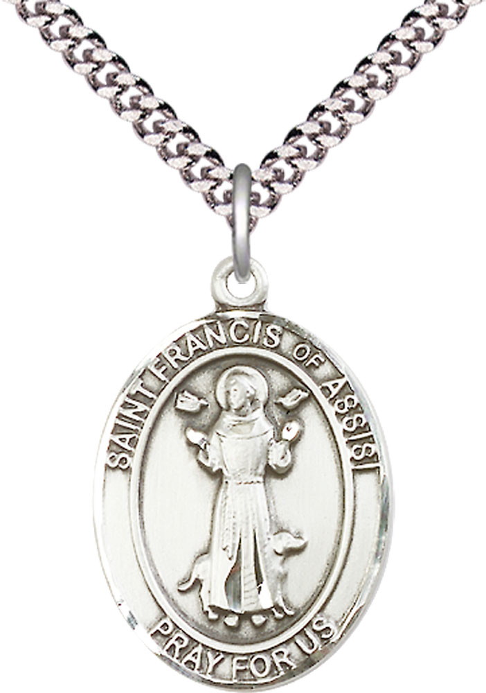 Sterling Silver Saint Francis of Assisi Pendant on a 24 inch Light Rhodium Heavy Curb chain