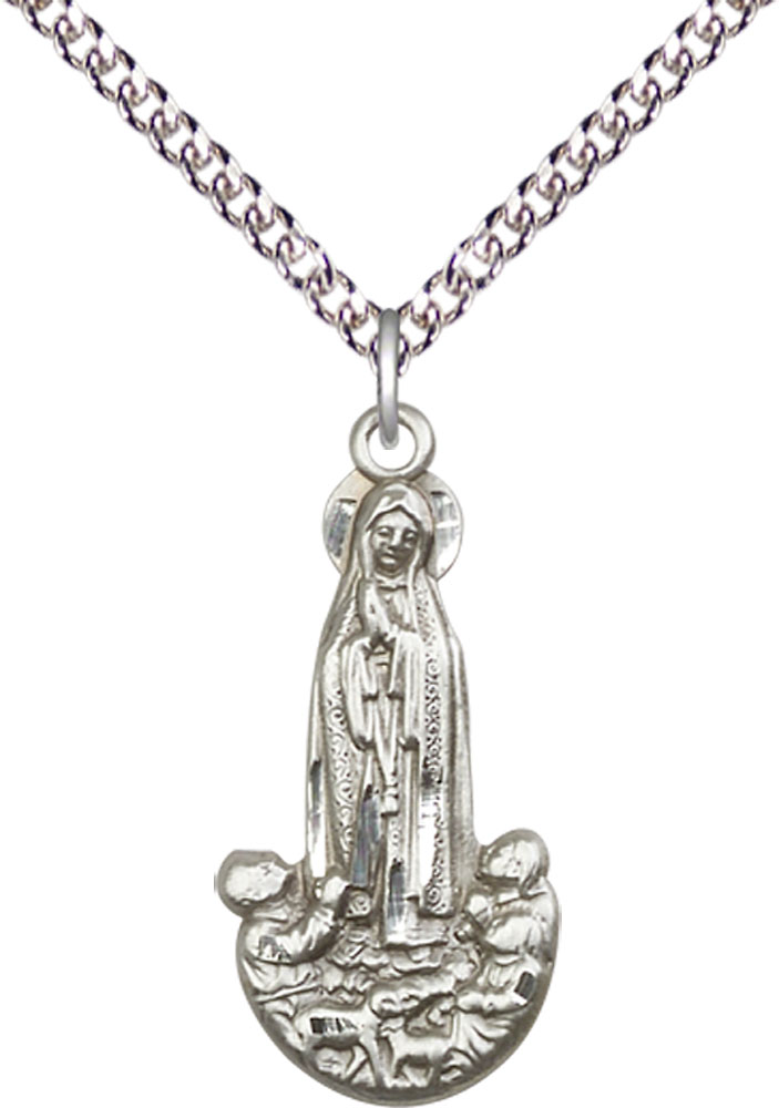 Sterling Silver Our Lady of Fatima Pendant on a 24 inch Sterling Silver Heavy Curb chain