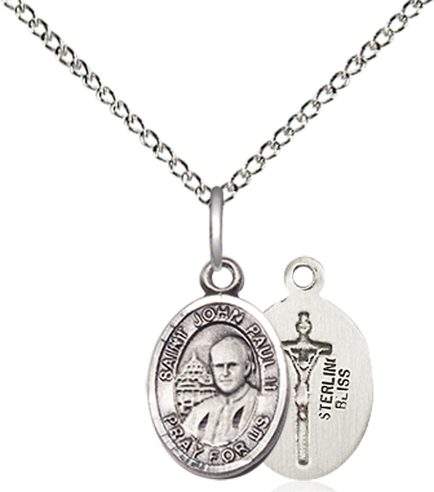Sterling Silver Saint John Paul II Pendant on a 18 inch Sterling Silver Light Curb chain