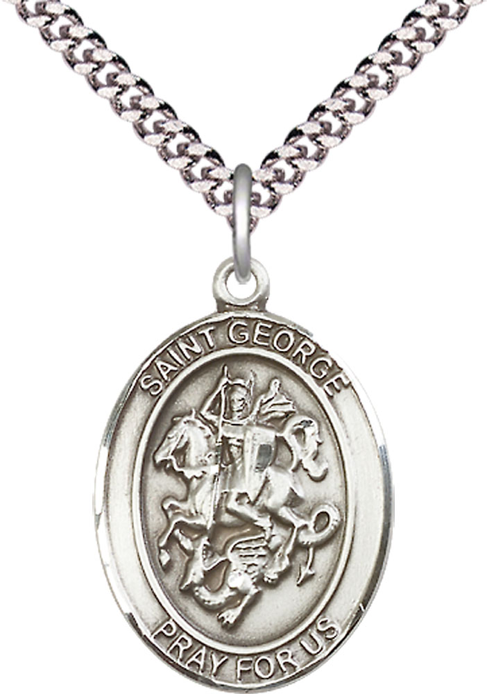 Sterling Silver Saint George Pendant on a 24 inch Light Rhodium Heavy Curb chain