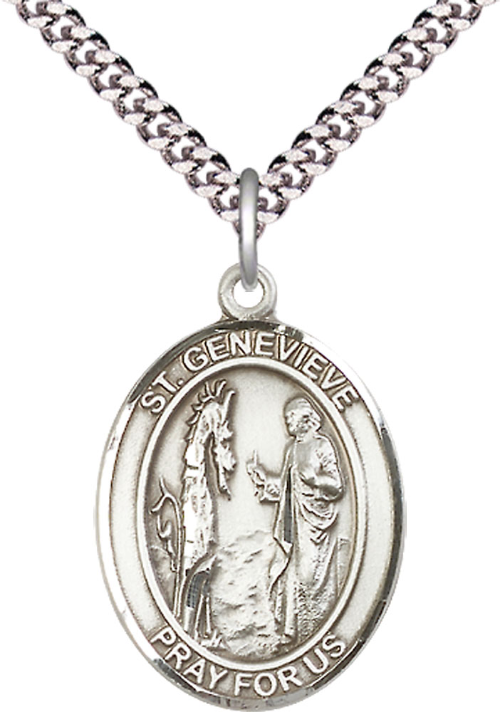 Sterling Silver Saint Genevieve Pendant on a 24 inch Light Rhodium Heavy Curb chain