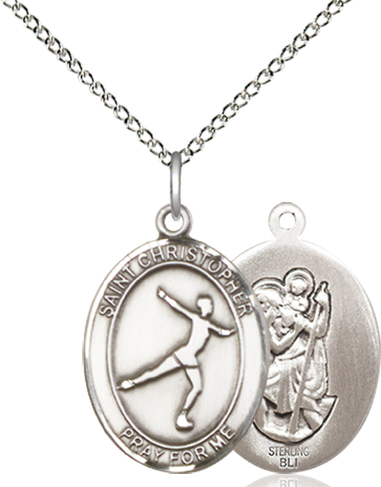 Sterling Silver Saint Christopher Figure Skating Pendant on a 18 inch Sterling Silver Light Curb chain